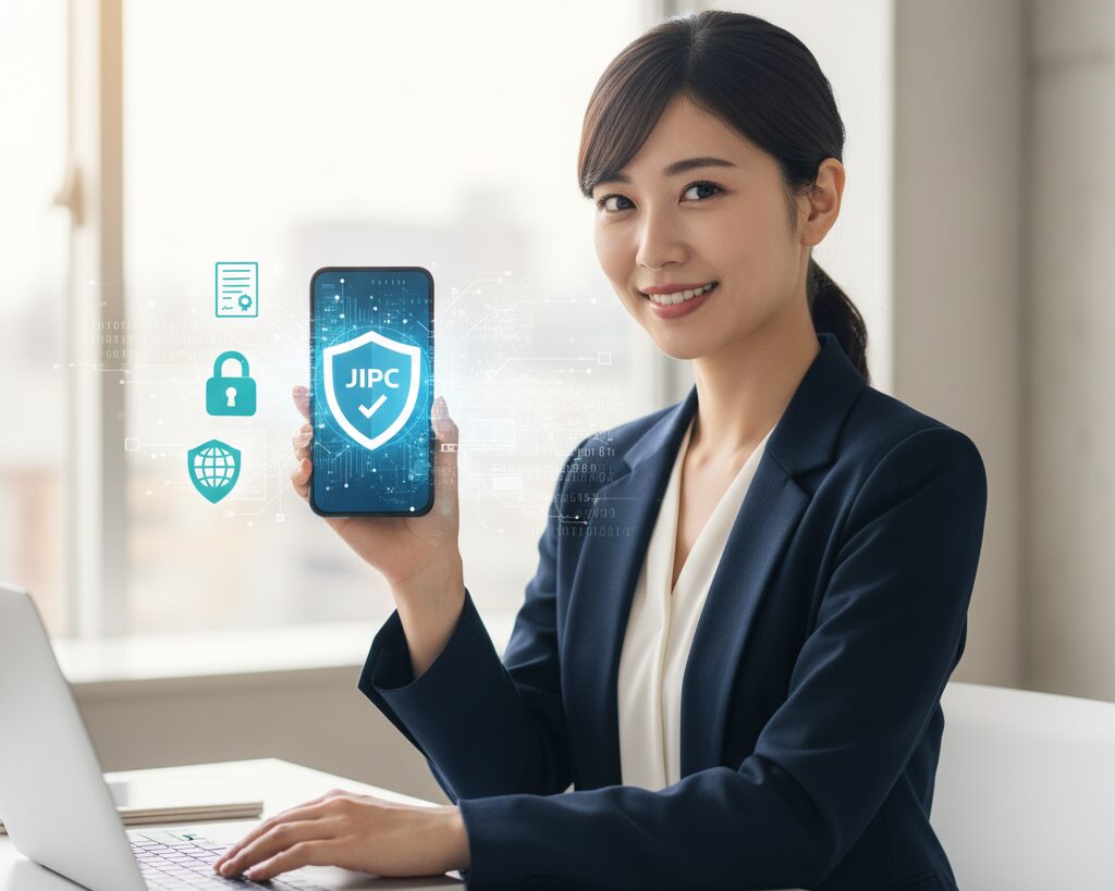 JIPCマークが表示されたスマートフォンを女性が提示している画像。ポイントサイト「ワラウ」が、個人情報保護やポイント保証の基準を満たした安全なサービスであることを象徴している。