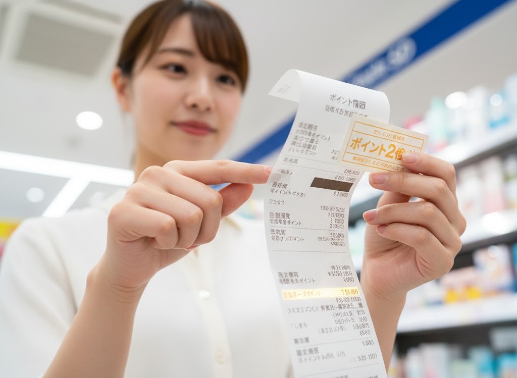会計後、レシートと一緒に発行された「ポイント2倍券」が出ているのを指でさして確認している女性。