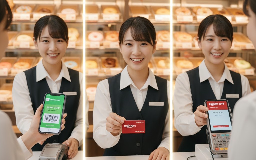 ミスドでポイントを貯める手順を3分割で示した画像。左から「アプリの会員証を提示」「楽天ポイントカードを提示」「楽天カードで決済」という一連の流れがわかるようになっており、ポイント二重取りの具体的なフローを示している。