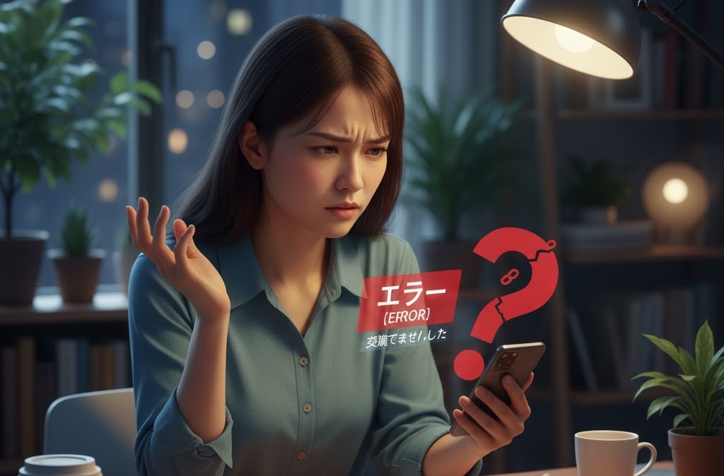 夜のオフィスでスマートフォンを見つめ、困惑した表情の日本人女性。スマートフォンの画面上に「エラー 認識できませんでした？」と表示され、電球スタンドが手元を照らしている。