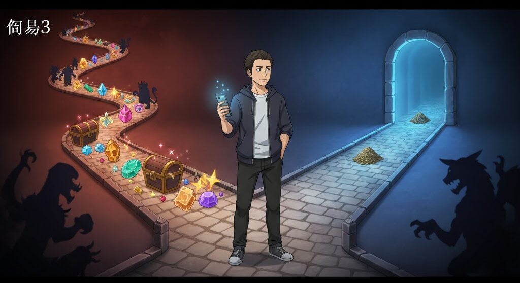 スマートフォンを持つ男性が、宝石や金貨が散らばる二つの道に立つイラスト。道の先には洞窟の入り口が見える。