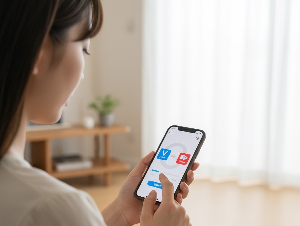 VポイントとPayPayのロゴが描かれた2025年のカレンダーを見ながら、ポイント交換の開始日を心待ちにしている日本人女性。