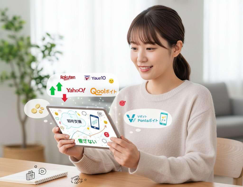 タブレットでワラウを利用している女性の画像。楽天やYahoo!ショッピングでの買い物や、Vポイント・Pontaポイントへの即時交換など、ワラウの便利な使い方を示している。