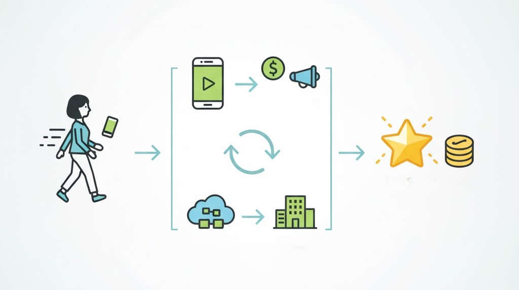 歩く人、スマートフォン、広告アイコン、お金のアイコン、データクラウド、建物、星のアイコン、コインのアイコンが描かれ、それぞれが矢印でつながっている図解。歩くだけでポイントが貯まる仕組み(広告モデルとデータ提供モデル)を視覚的に説明している。