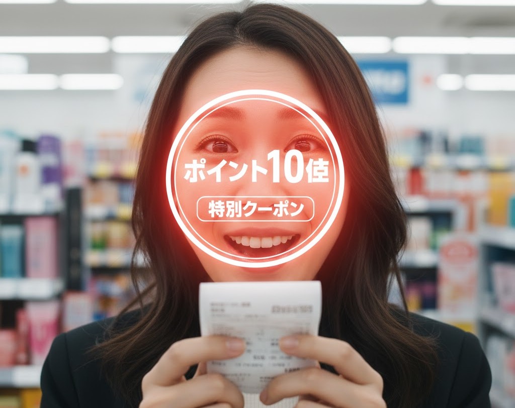 ツルハドラッグのレシートを見て、ポイント10倍クーポンが当たったことに驚き喜んでいる日本人