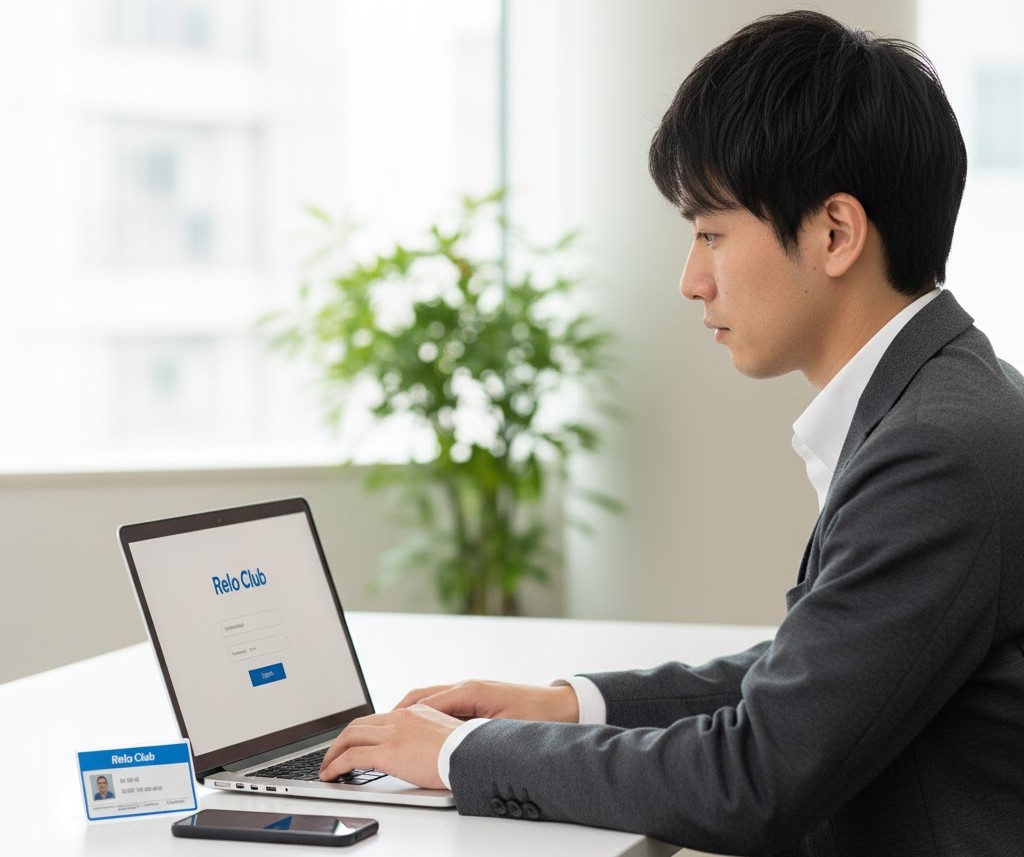 オフィスでノートパソコンを使ってEJOICAセレクトギフトの交換画面を操作しているビジネスマン。リロクラブの会員証が手前に置かれている。