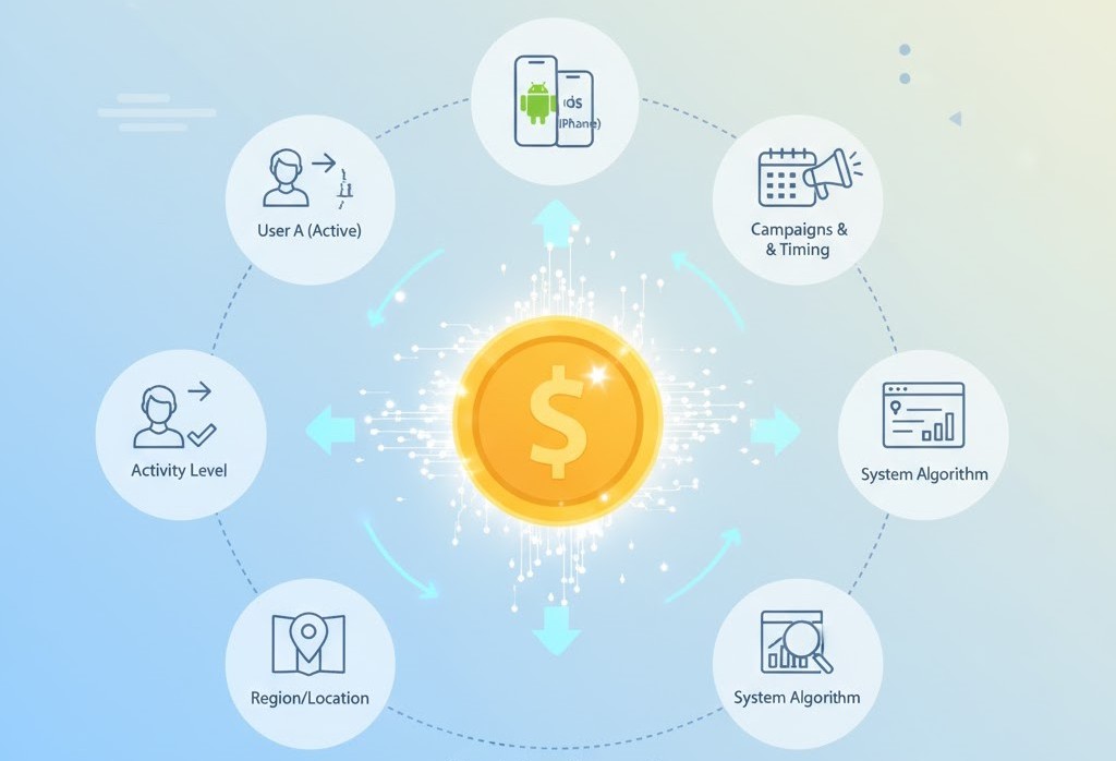 TikTokライトのポイントが変動する要因を示す図。中央のコイン（報酬）に対し、「利用頻度（アクティブ度）」「OS（iPhone/Android）」「地域」「キャンペーン」「アルゴリズム」といった複数の要因が影響している様子が描かれている。