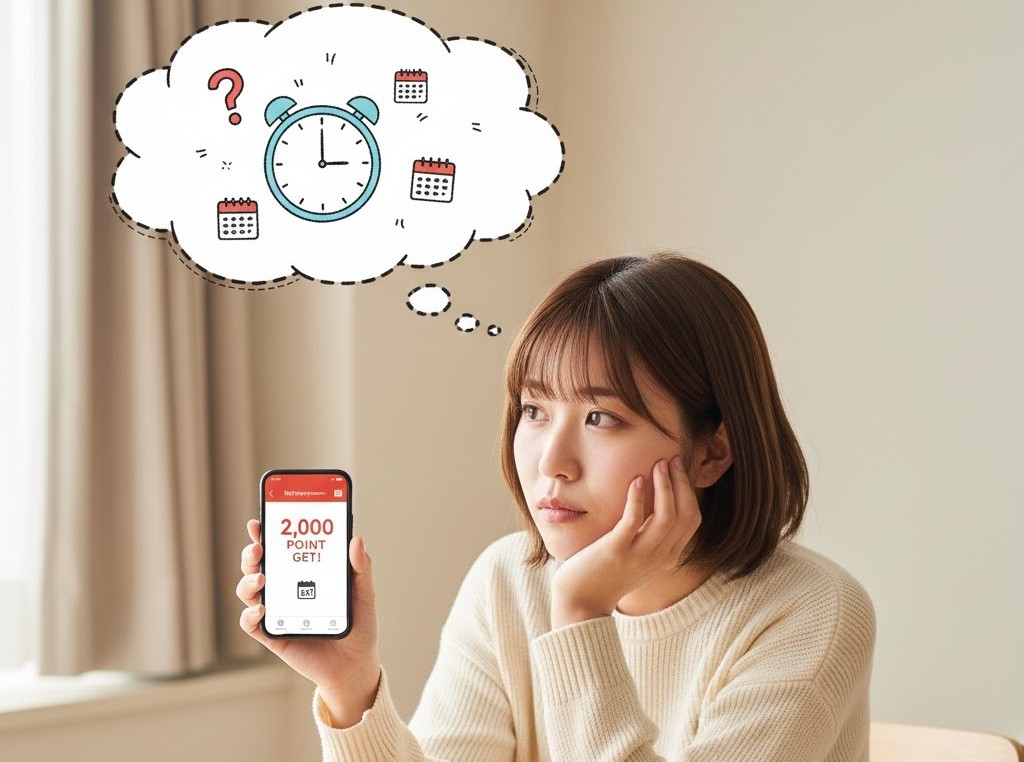 ホットペッパーグルメの2000ポイントが付与されたスマホを持ちながら、ポイントの有効期限や利用タイミングについて考えている女性。