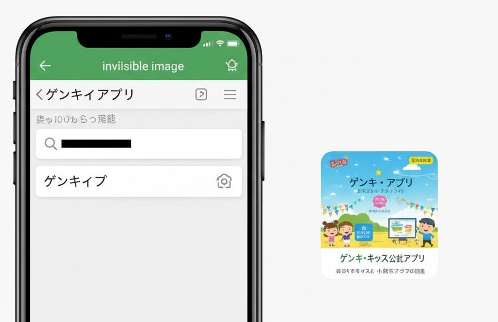 スマートフォンのアプリストアで「ゲンキー アプリ」を検索しても見つからず、類似アプリとして「ゲンキ・キッズ公式アプリ」が表示されている比較画像。