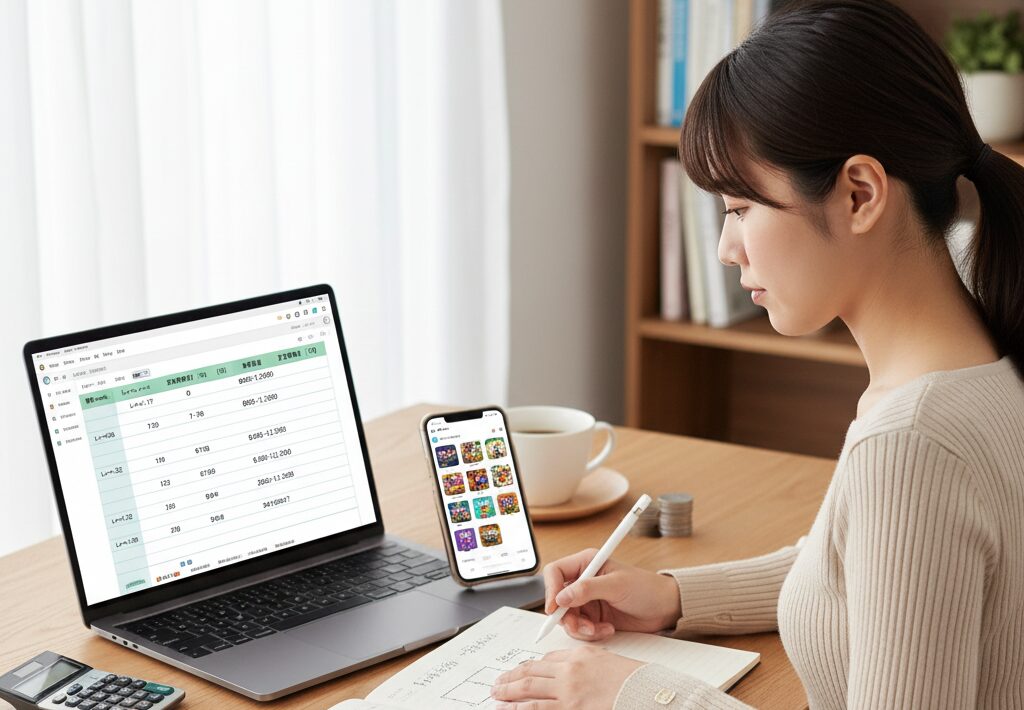 日本人女性がノートPCでパズサバのポイ活収益に関するスプレッドシートを確認し、手元のノートにメモを取っている。傍らにはスマートフォンでゲーム画面が表示されている