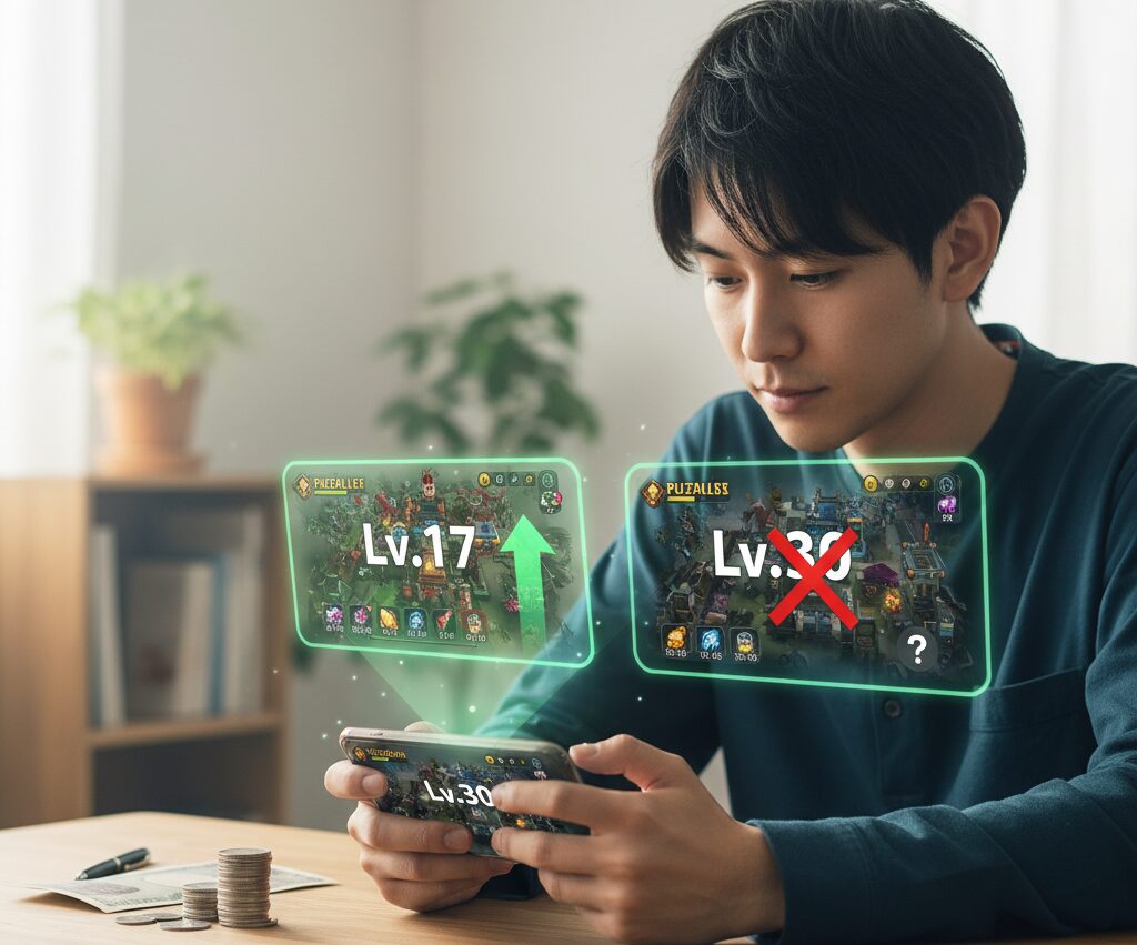 スマートフォンでパズサバをプレイ中の日本人男性。ゲーム画面の上には「Lv.17」は達成可能、しかし「Lv.30」は非推奨であることが視覚的に示されている。無課金での目標ラインを検討している様子
