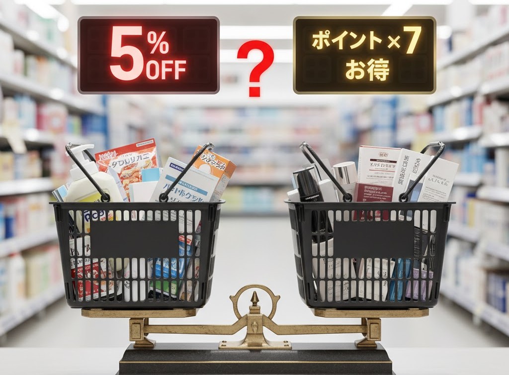 日用品の買い物カゴと化粧品の買い物カゴを比較し、5%オフとポイント7倍のどちらがお得かを天秤にかけているイメージ。