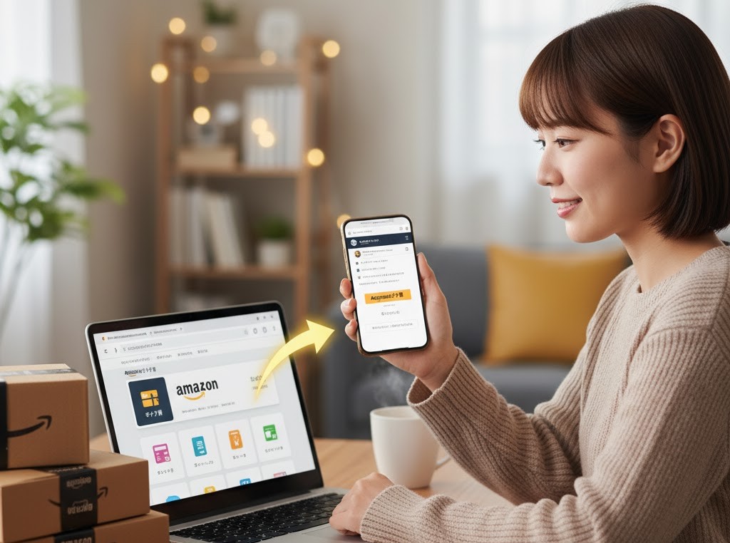 自宅でノートパソコンとスマートフォンを使い、リロクラブポイントをAmazonギフト券に交換している女性。画面にはAmazonギフトカードのページが表示されている。