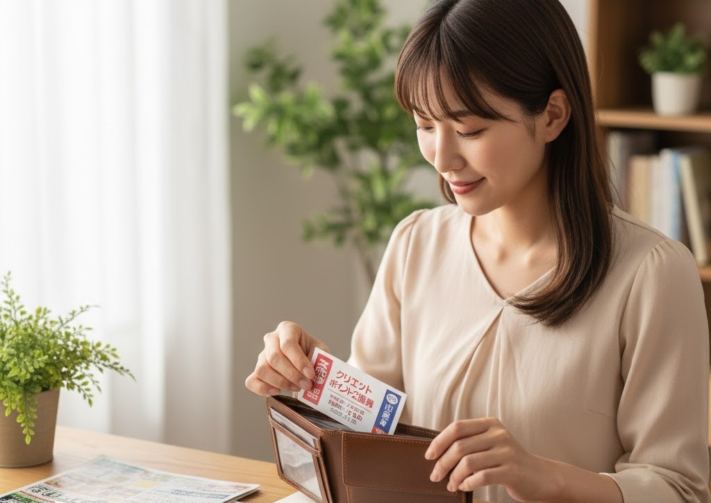 自宅のテーブルで、手に入れたクリエイトのポイント2倍券を大切に財布にしまっている女性。