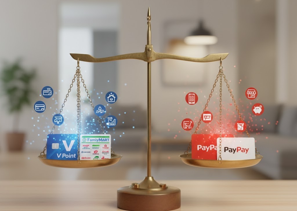 VポイントとPayPayポイントが乗せられた天秤（てんびん）が釣り合っている画像。「Vポイントとペイペイはどっちが得か」を比較している様子。