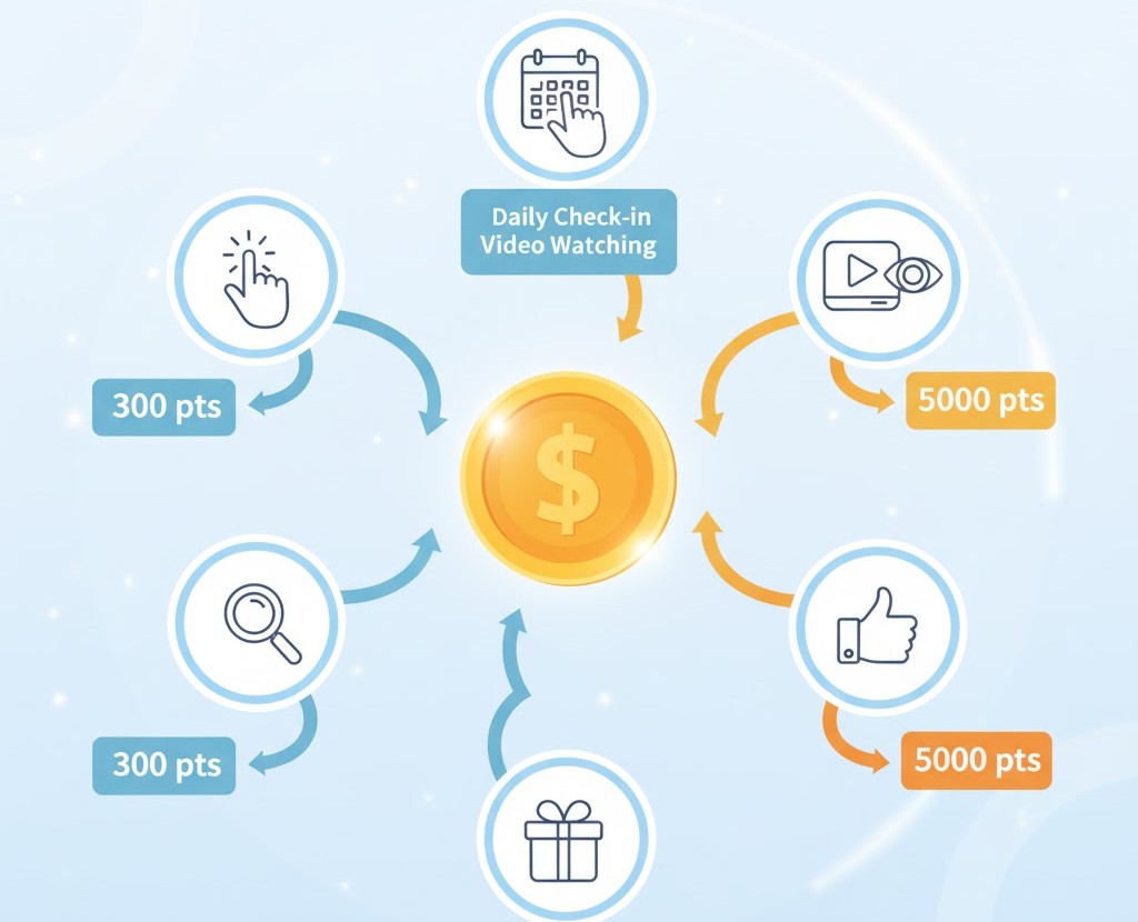 TikTokライトのタスク種類と報酬例を示す図。「チェックイン」「動画視聴」「いいね」「検索」「ボーナス」といった様々なタスク（アイコン）をこなすことで、中央のコイン（ポイント）が貯まることを表している。