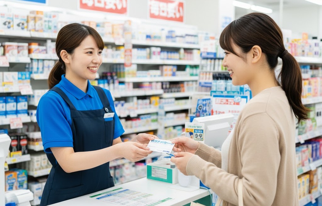 「ゲンキー」の女性店員が、レジカウンターで女性の客に白いゲンキーポイントカードを手渡している様子。