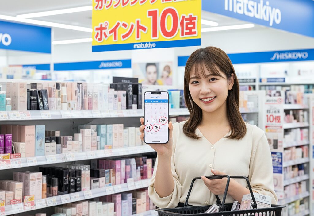 マツキヨの「カウンセリング化粧品ポイント10倍」の売り場で、女性が買い物カゴを持ち、スマホでポイントデーの日付を確認している。