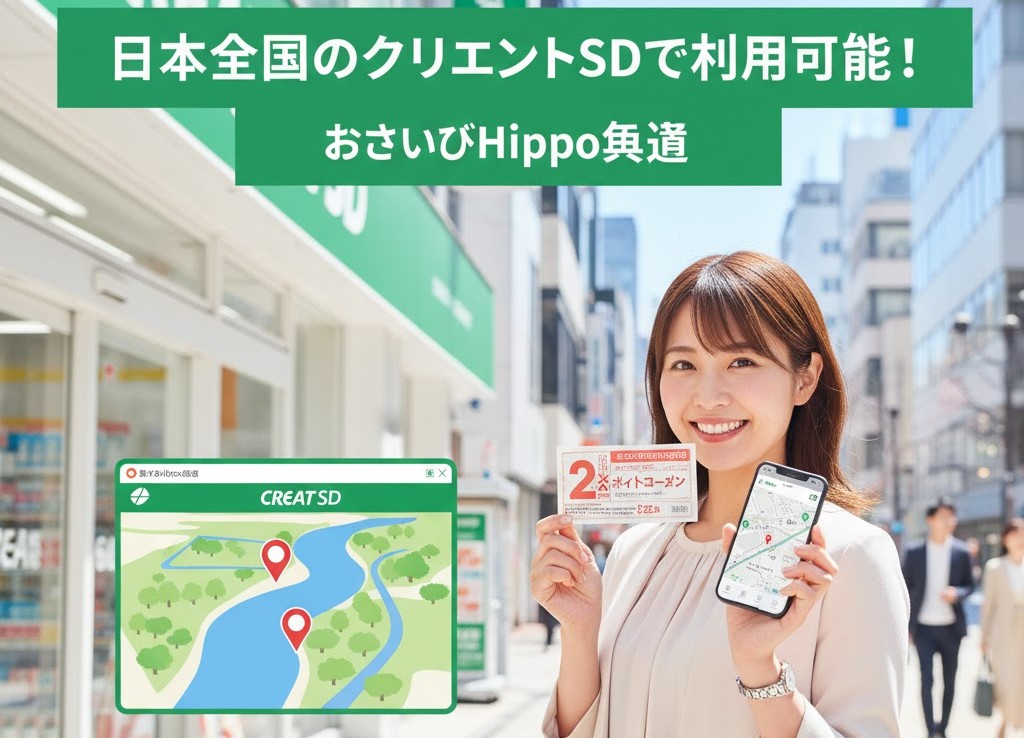 クリエイトSDの店舗前で、スマホの公式アプリとポイント2倍券を手に持ち、全国で使える利便性をアピールしている女性。
