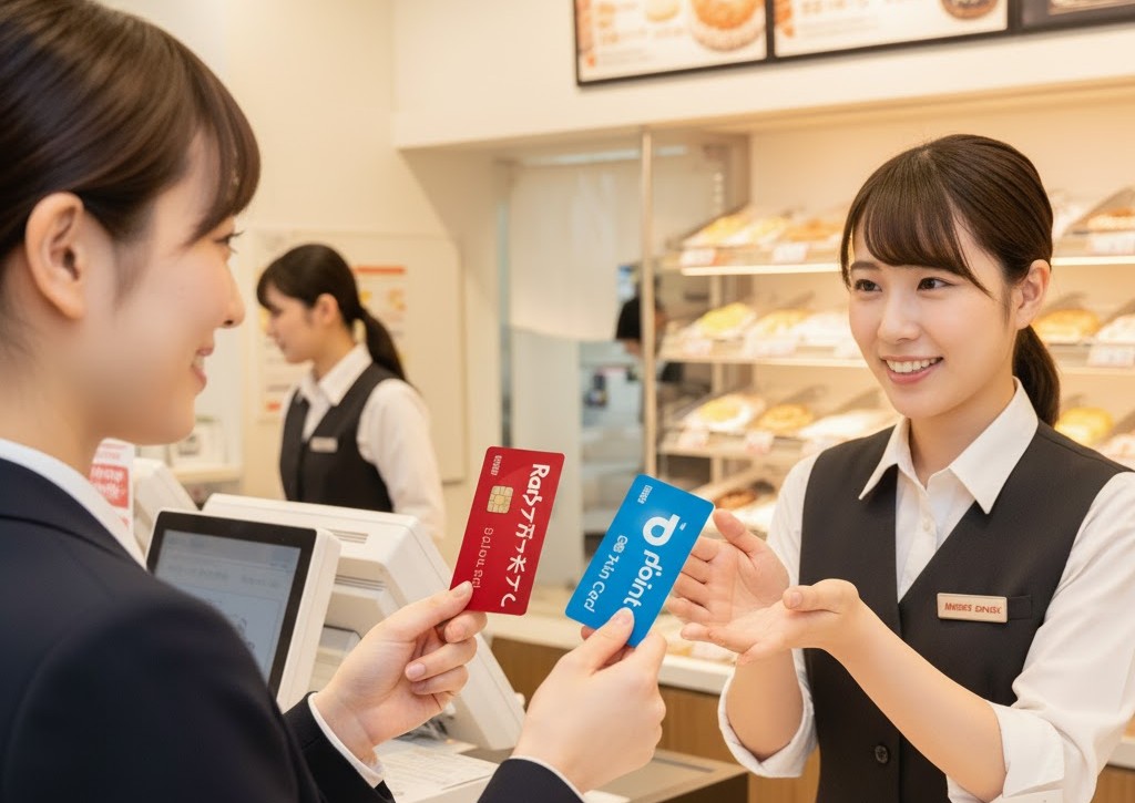 ミスタードーナツのレジで、女性客が楽天ポイントカードとdポイントカードの2枚を同時に提示している。1回の会計で両方のポイントは利用できないというルールを説明するための画像。