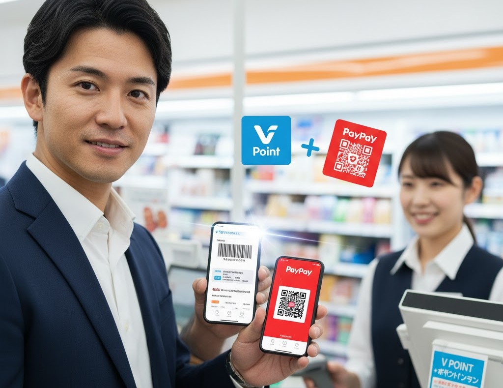 コンビニのレジで、モバイルVカードを提示しつつPayPayで決済することで、VポイントとPayPayポイントを「二重取り」している日本人男性。