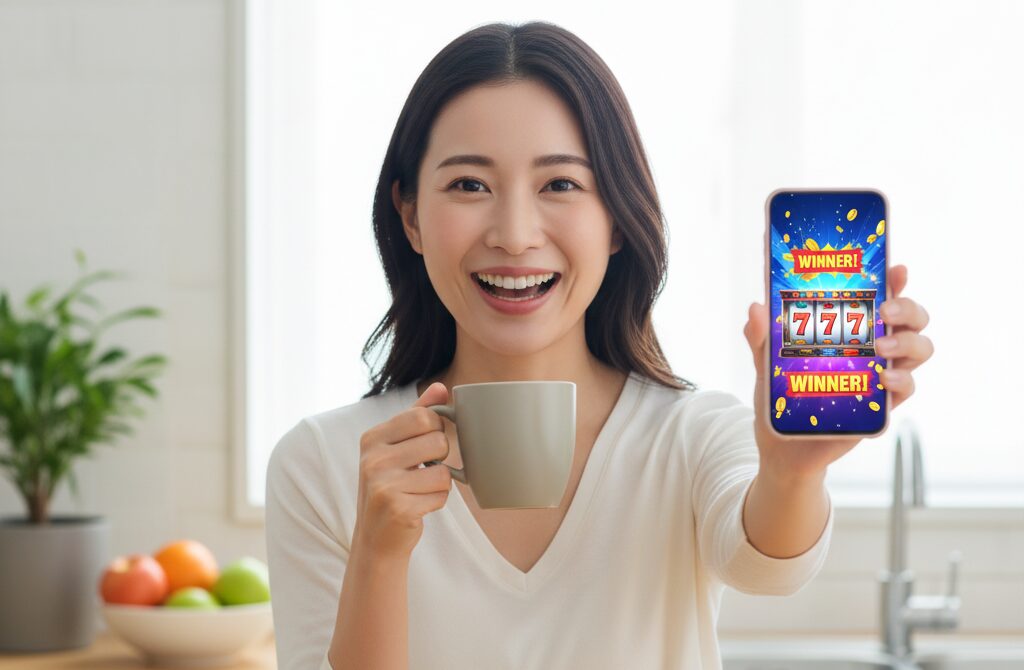 明るいキッチンで、コーヒーカップを持ちながら、スマートフォンの画面をこちらに見せて満面の笑みを浮かべる日本人女性の姿です。スマートフォンの画面には、ポイントガチャで大当たりが出たことを示す「WINNER!」の表示とスロットの「777」が描かれており、喜びを表現しています。