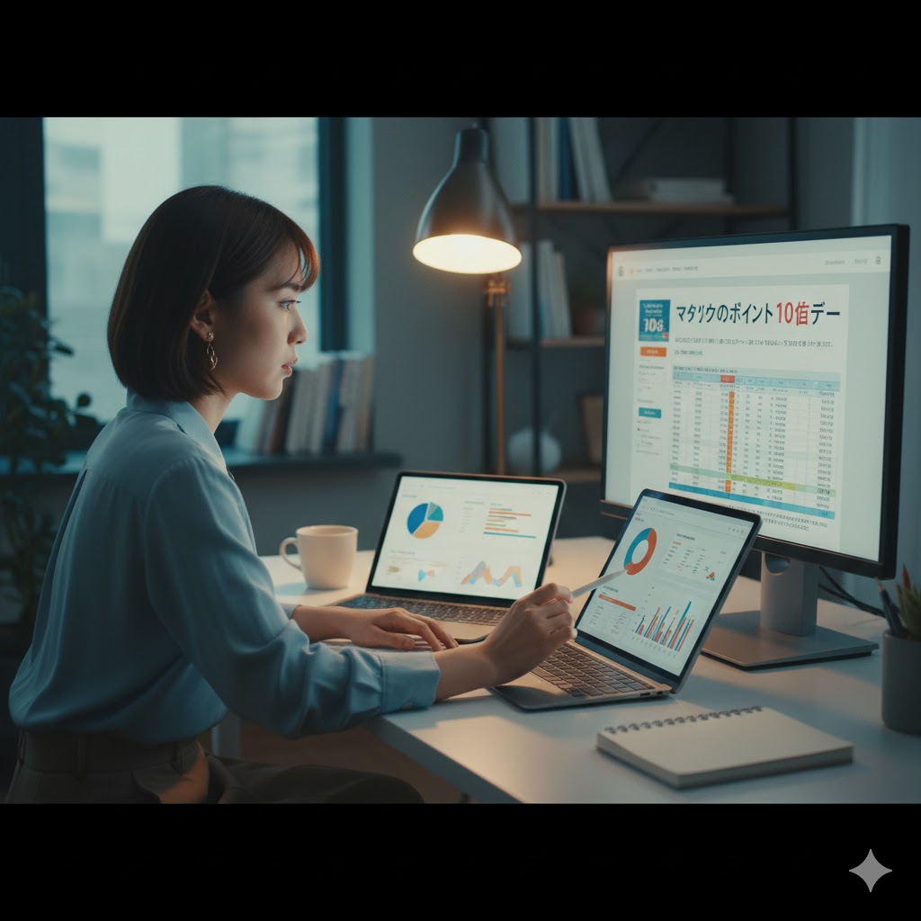 自宅らしき場所で夜間に、女性が2台のノートパソコンと大型モニターに向かって作業している様子。モニターにはグラフやデータ分析画面が表示されており、集中してポイ活アプリやポイントサイトの情報を分析していることを示唆。