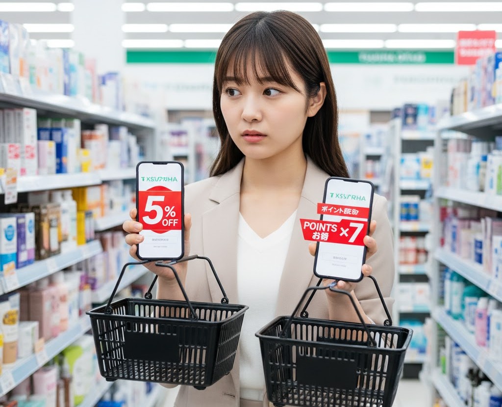 ドラッグストアの店内で、ポイント倍増と割引セールのどちらがお得か悩んでいる日本人女性のイメージ。