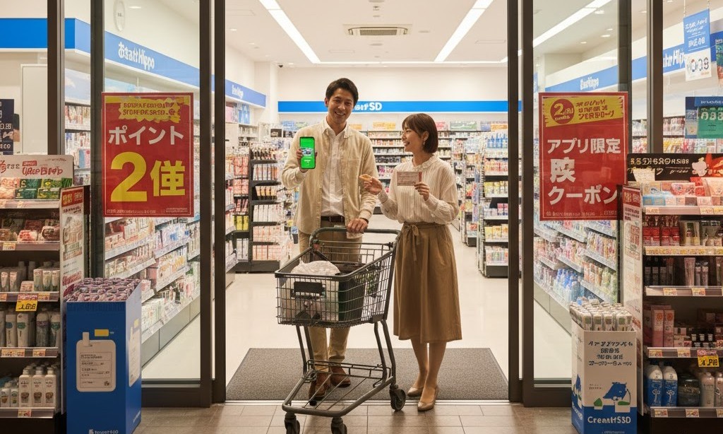 クリエイトSDの店舗から、買い物カートを押しながらポイント2倍券とスマホアプリを手に持って笑顔で出てくるカップル。