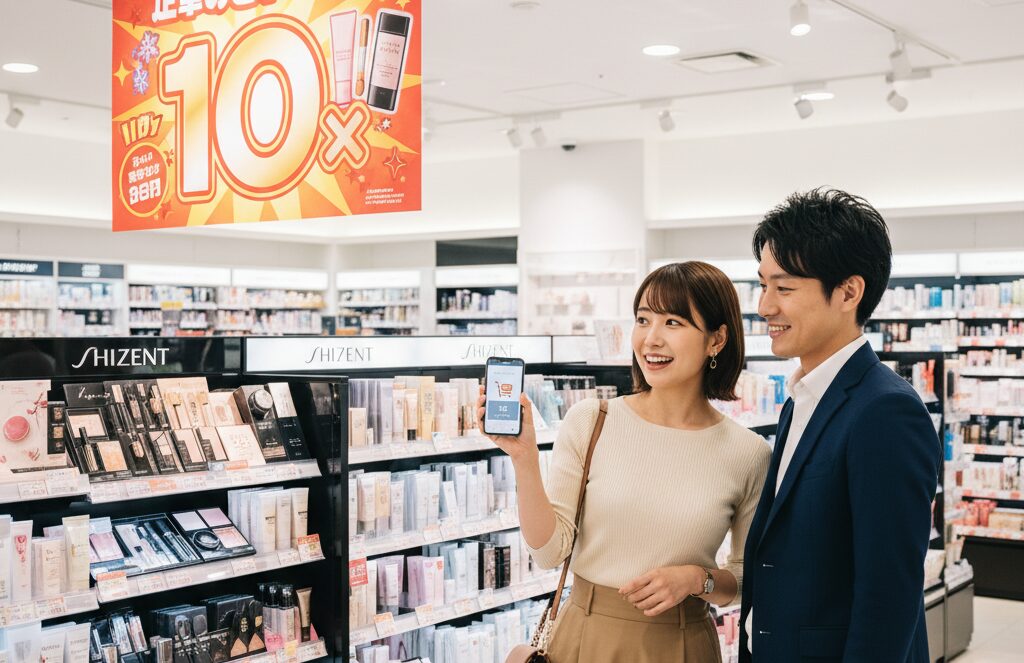 マツキヨのポイント10倍デーに、カップルがスマホアプリを確認しながら楽しそうにカウンセリング化粧品を選んでいる様子