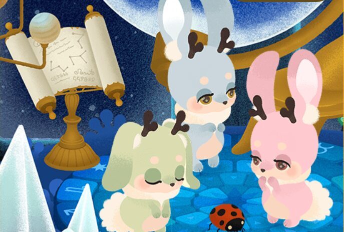 月と水晶が置かれた神秘的な青い島に、ツノが生えたウサギのようなリヴリーが3匹（緑・青・ピンク）並んでいる。奥には占星術の巻物のようなアイテムも見えます。