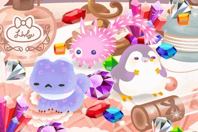 リヴリーアイランドのゲーム画面。宝石や香水の瓶が飾られたきらびやかな島で、ペンギンやウーパールーパーに似たリヴリーたちが集まっている様子。