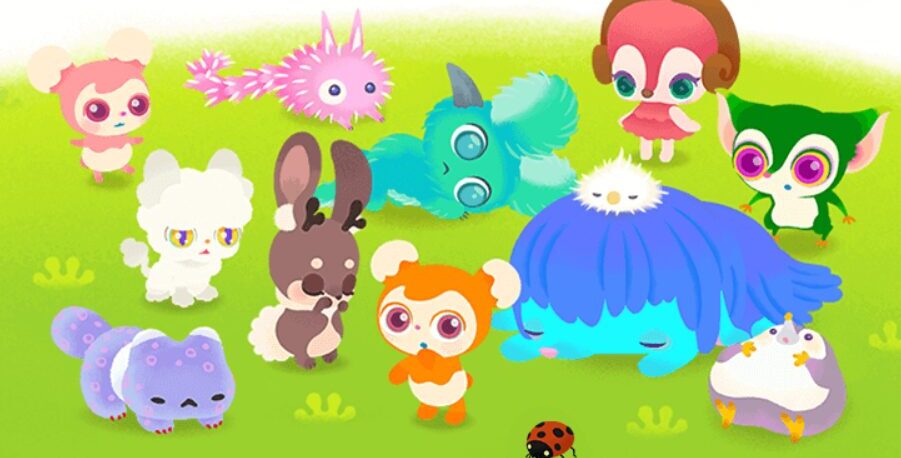 緑の草原に、ピグミー（ピンクのハリネズミのようなリヴリー）やミミット（オレンジのサル）、ウサギ型など、多種多様なリヴリーたちが集まっているゲーム画面