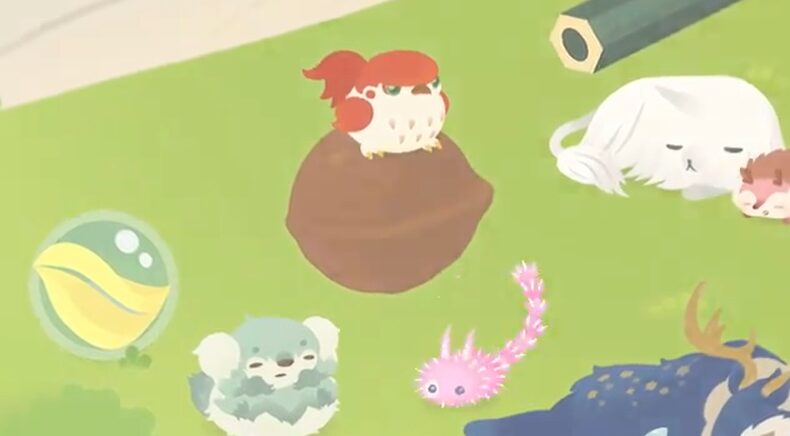 リヴリーアイランドの島で、様々な種類のリヴリーたちがくつろいでいる様子。木の実の上に乗るリヴリーや、眠っているリヴリー、ビー玉などが描かれています。