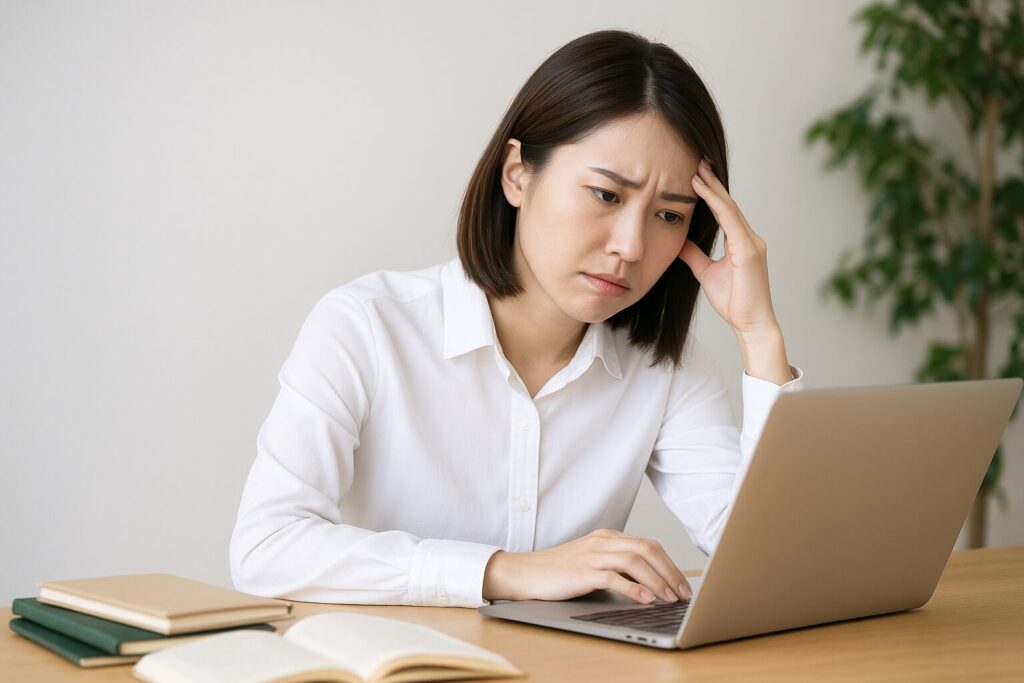 パソコンを操作しながら、ステージが上がらないことに困惑している日本人女性。