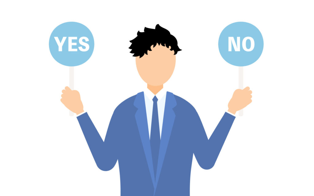 「YES」と「NO」のプラカードをそれぞれ持ったビジネスマンのイラスト。