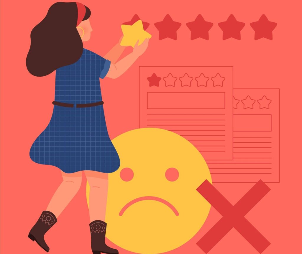 星の評価が低い（1つ星）で、悲しい顔の絵文字とバツ印が表示されているイラスト。一人の女性が星の評価を調整している。