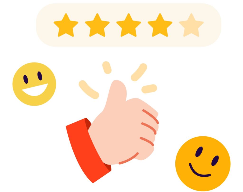5段階評価のうち4つ星が点灯し、親指を立てた「いいね」のジェスチャー、笑顔の絵文字が描かれたイラスト。