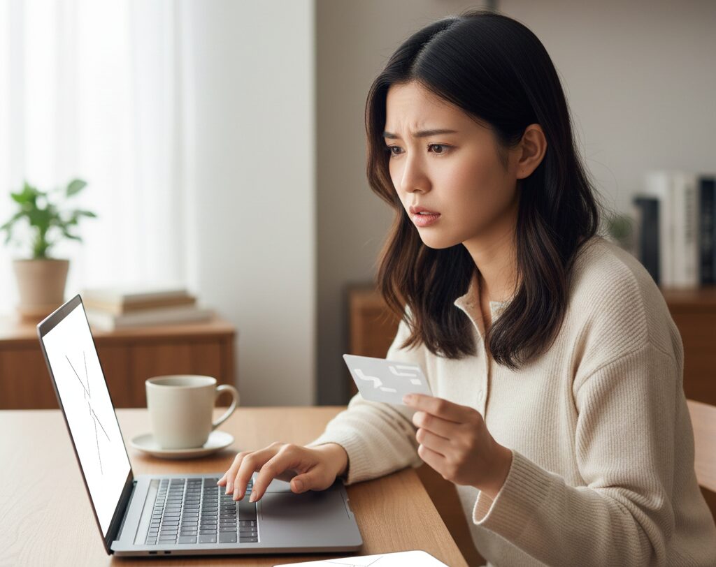 誕生日クーポンや支払い方法がうまくいかず、クレジットカードを手にパソコン画面を心配そうに見つめる女性