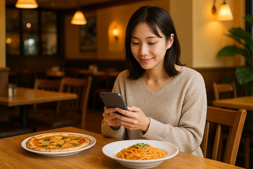オリーブの丘の店内で、ピザとパスタを前にスマートフォンを操作する日本人女性。