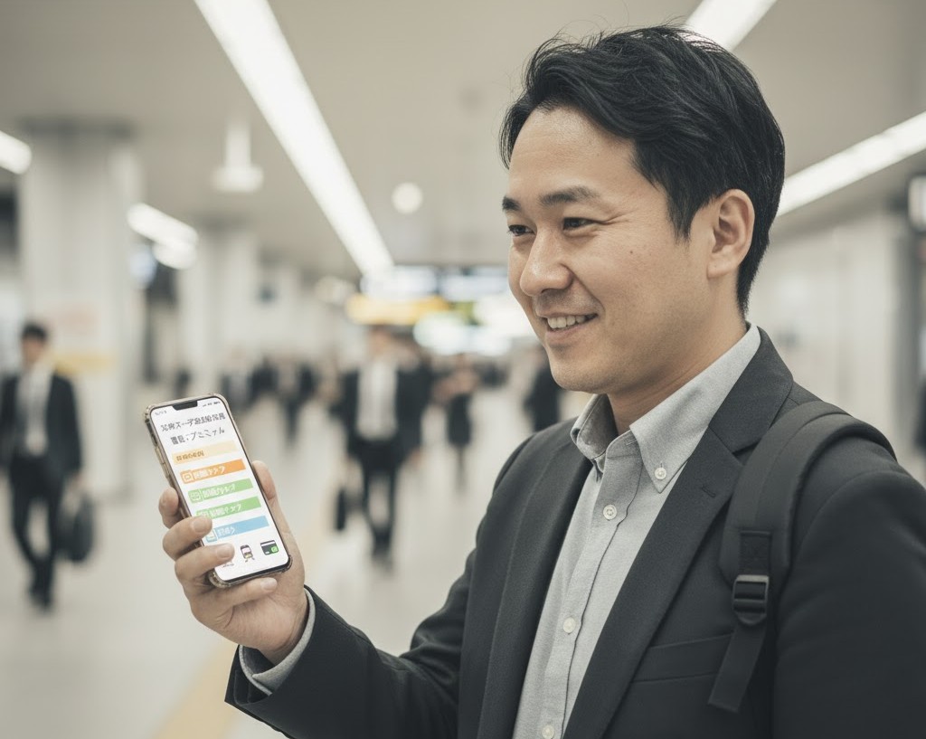 駅構内でスマートフォンを笑顔で操作し、JRE POINTステージの達成状況を確認している日本人男性。