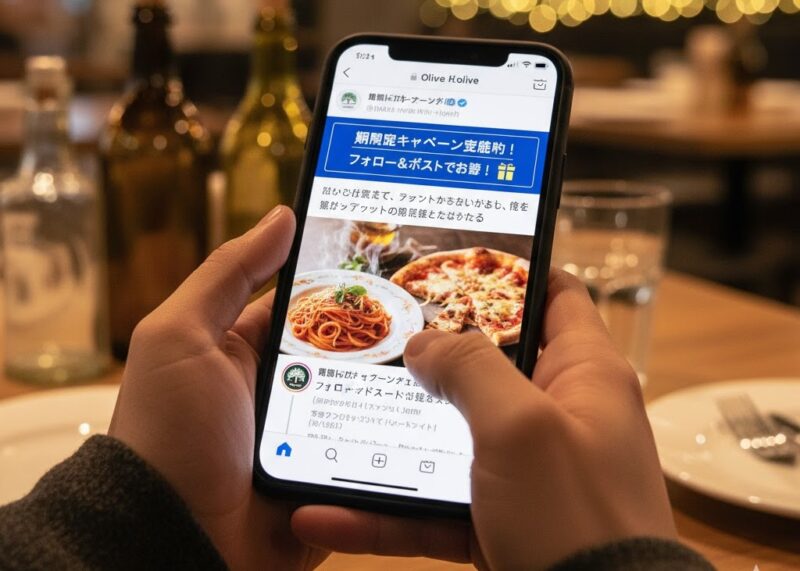 スマートフォンでオリーブの丘の公式X（旧Twitter）キャンペーン情報をチェックしている手元。