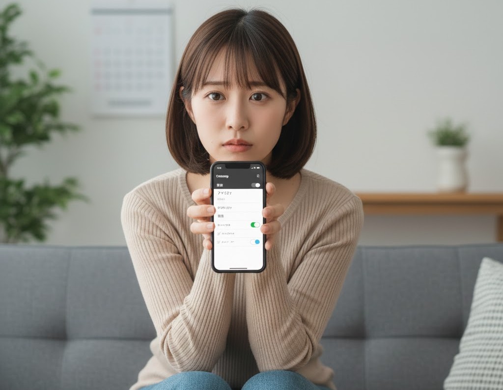 誕生日クーポンが届かず、スマホの通知設定画面を表示してアイシティアプリの通知を確認している女性