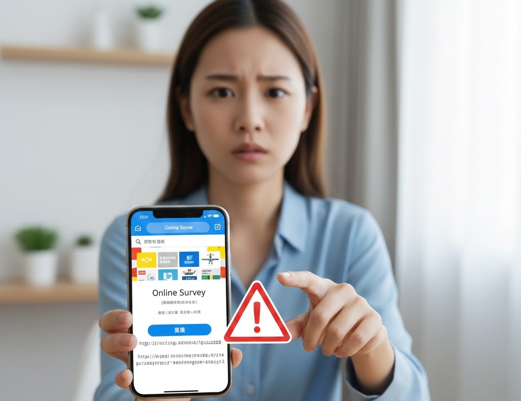 在宅ワークで900ポイント獲得をうたう怪しい広告と詐欺警告のスマホ画面を見て不安そうな女性