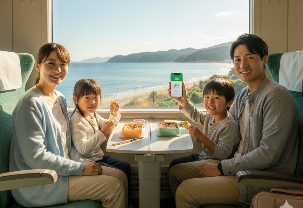 JRE POINTアプリを表示したスマホを手に、グリーン車で駅弁を楽しむ四人家族