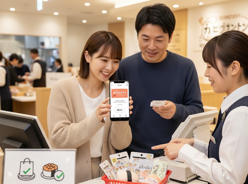 スシローのレジカウンターで、女性がスマートフォンのまいどポイントクーポン画面を提示し、店員がだっこずしグッズが入った赤いカゴを差し出している場面。
