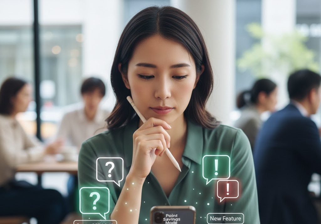 カフェでスマートフォンを見ている日本人女性。新しい機能である貯めトクモードの開始日（2024年9月13日）と「New Feature」の表示がある。