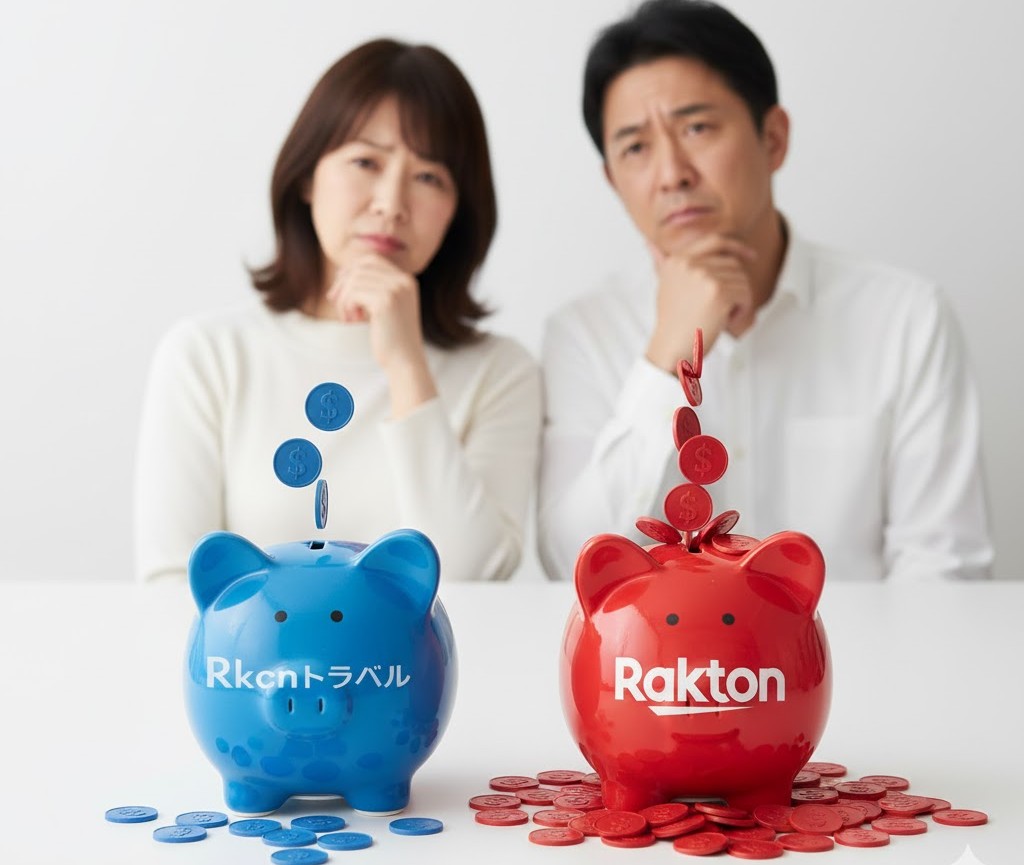 楽天トラベルポイント(青い貯金箱)と楽天ポイント(赤い貯金箱)の違いに戸惑う男女。ポイントルールの違いを貯金箱で表現したイメージ。