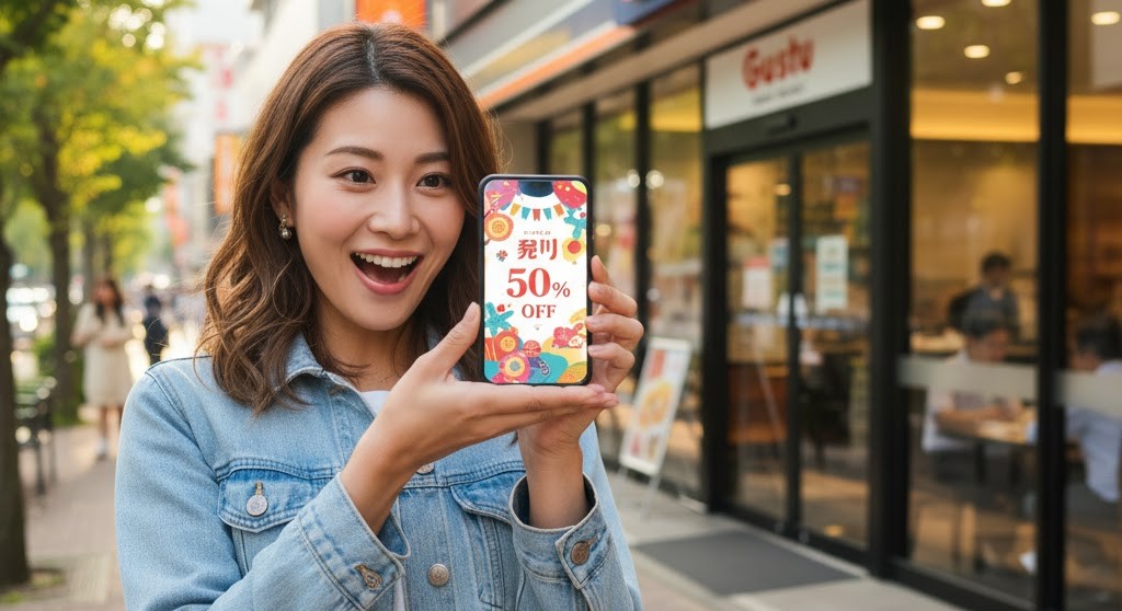 ガストの店舗前で、笑顔の若い日本人女性がスマートフォンを持ち、画面に「50% OFF」と表示されたクーポンを見せている。