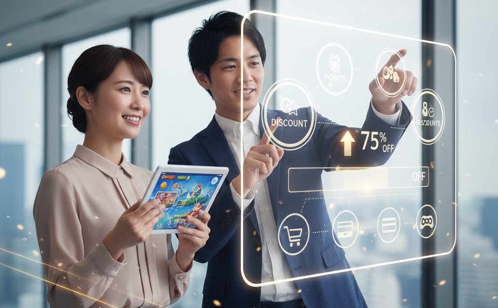 楽しそうな表情の男女が、タブレットとホログラムの画面でゲームやポイントを活用し、割引率を高めている様子